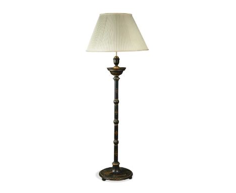 A Chinoiserie decorated standard lamp, 20th century, with turned column on a circular base, decorated with flowers, buildings