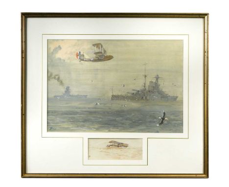 § Charles Johnson Payne known as 'Snaffles' (British, 1884-1967)  'Seagulls', with a remarque sketch of a biplane below, circ