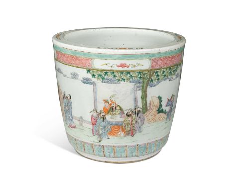 A Chinese famille rose porcelain large jardiniere, 20th century, painted with a continuous frieze of figures in a fenced gard