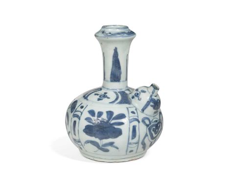 A Chinese blue and white porcelain kendi, Ming Dynasty, Wanli Emperor (1572-1620), with leaf tips to the neck and panels of a