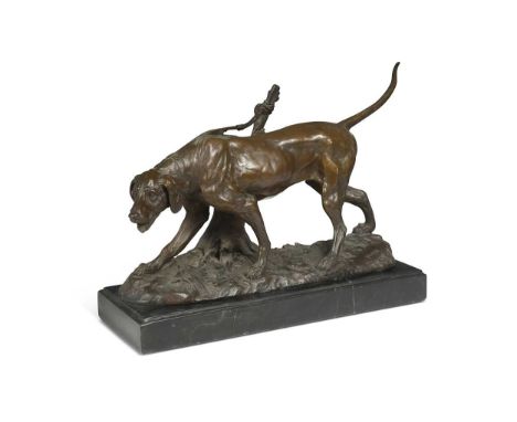 After Antoine Louis Barye (1795-1875), a bronze model of a hunting dog, 20th century, mounted to a grey veined black marble p