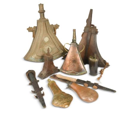 A Musketeers powder flask, probably German 17th century, of triangular form with iron mounts, 29 x 26cm; together with anothe