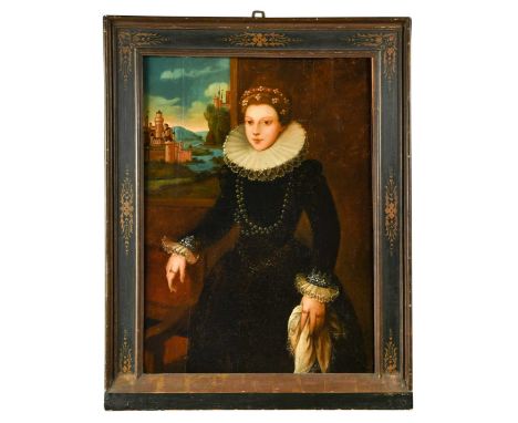 Follower of Alonso Sanchez Coello Portrait of a lady standing three quarter length in black, with pearls in her hair and whit