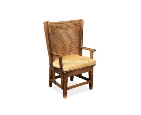 A small size pine framed Orkney armchair, late 19th century, the woven back over a solid seat with outscrolled arms83 x 53 x 