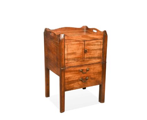 A George III mahogany tray-top night cupboard, the shaped gallery above a pair of ebony lined cupboard doors and single drawe