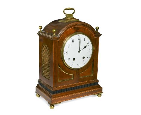 A George III style mahogany and brass mounted chiming table clock, 20th century, with 17cm circular white enamel dial and Ara