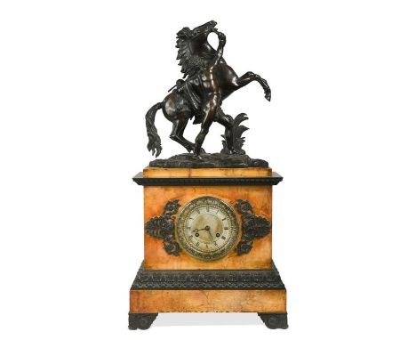 A French Empire mantel clock, circa 1840, the marble case with bronze Marly rearing horse with figure after Coustou, the silv