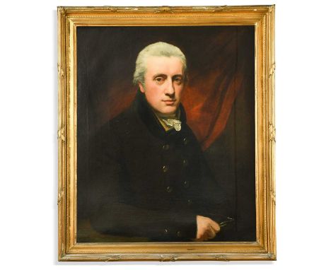 John Opie RA (British, 1761-1807)  Portrait of 'Mr Wilson' in a black jacket, holding spectacles, before a red curtain oil on