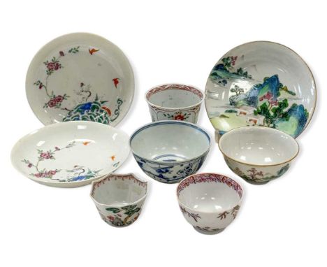 A pair of Chinese porcelain saucer dishes, late Qing Dynasty, probably Guangxu, each painted with a crane and two bats over w