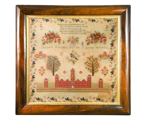 A large Victorian needlework sampler, dated 1850, by Elizabeth Sutcliffe, with central verse above trees and a bird, a large 