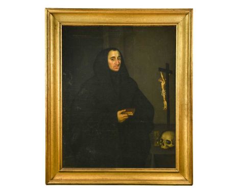 North Italian School, 1630 Portrait of a Benedictine monk, three quarter length, standing, holding a prayer book, beside a ta