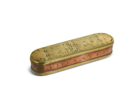 A Dutch brass tobacco box, 18th century, of rounded rectangular form engraved with scenes of figures with the text 'Deese din
