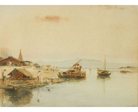 Mg Tun Hla (Burmese, 1874-1946) A river scene with boats, cart and huts, a temple on a mountain top beyondsigned 'M T Hla' lo
