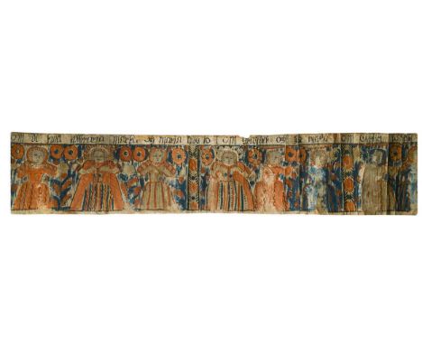A Swedish folk art 'Bonad' painting on parchment, 19th century, painted with eight female figures amidst orange blooms and be