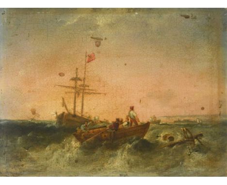 Circle of Joseph Mallord William Turner RA (British, 1775-1851) A shipwreck off the coast at sunsetoil on board, unframed11.5
