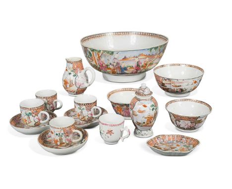 A collection of Chinese famille rose porcelain Manchu Courtiers tea wares, Qianlong, circa 1780, to include a punch bowl on s