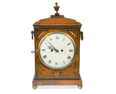 A Regency mahogany bracket clock,  the urn topped rectangular case with painted 20cm dial, Roman numerals, twin fusee bell st