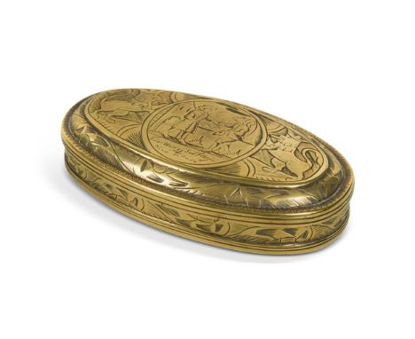A Dutch brass tobacco box, 18th century, of oval form, engraved with a depiction of the 'Return of the Prodigal Son' between 