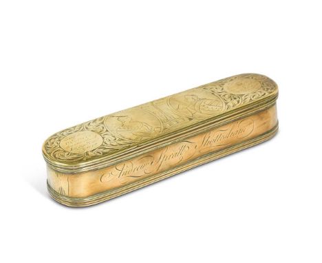 A Dutch brass tobacco box, late 17th century, the top engraved with a pair of portraits, possibly William &amp; Mary, the rev