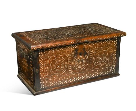 An Indian hardwood casket, 19th century, of rectangular form with geometric mother-of-pearl inlay26.5 x 57 x 30cmGeneral scra