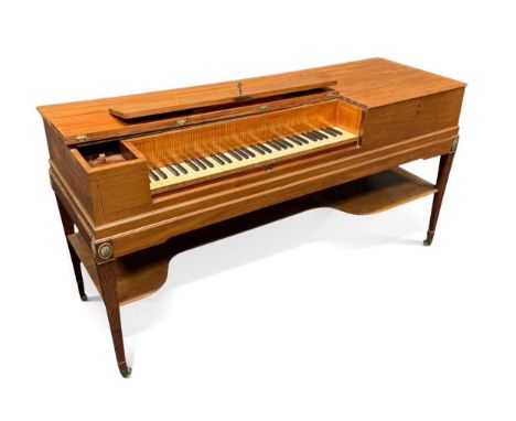 A square piano by Johannes Broadwood, late 18th century, mahogany cased with boxwood line inlay, the satinwood fascia inscrib