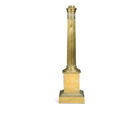 A brass column table lamp base, 19th century, the fluted column above a square stepped plinth base with acanthus frieze, form