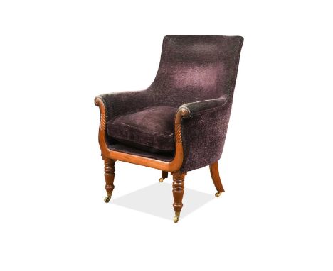 A William IV mahogany lyre framed bergere armchair, on turned front legs and castors, upholstered in a purple fabric104 x 72 