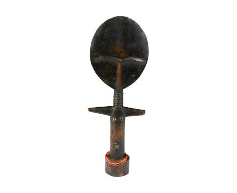 A Ghana, Ashanti, carved wood fertility doll, Akuaba, probably 19th century, of highly stylised form with three small bead co