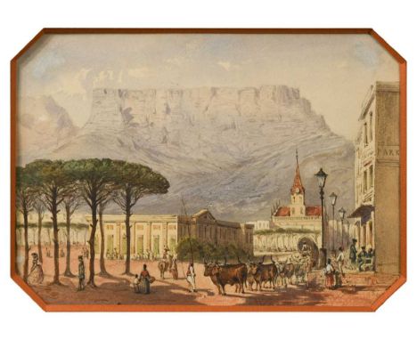 Émile Dominique Roux (French, 1822-1915) The Commercial Exchange on the Parade, Cape Town, with the Dutch Reformed Church and