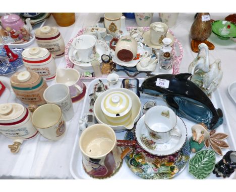 A Poole dolphin; a Crown Devon John Peel musical jug; a pair of Poole vases; crested ware; etc.
