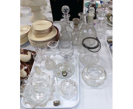 A 19th century ship's decanter; an Irish 3 ring decanter; 4 others; a 19th century rummer; 3 other glasses; glassware