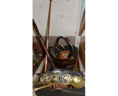 A selection of copper and brass including a coal helmet; a copper kettle; a post horn; a frying pan; a reproduction warming p