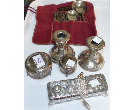 A pair of dwarf candlesticks; 2 silver trinket boxes; a silver top trinket box