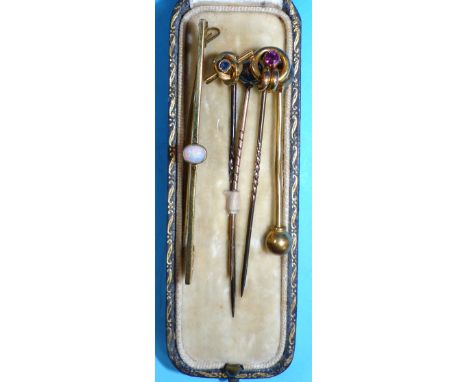 Four Edwardian stick pins and 2 bar brooches