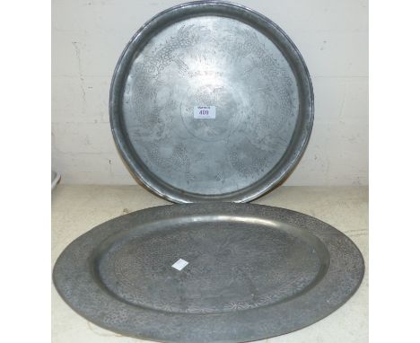 A Chinese pewter dragon tray with seal marks to base, 13½"; a similar oval dish