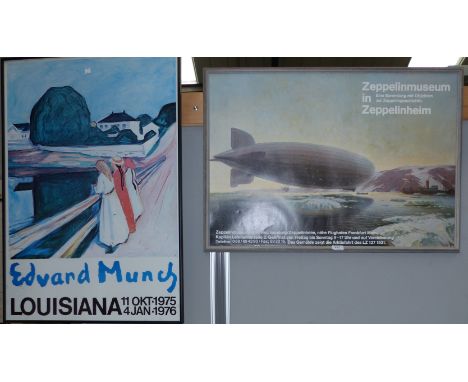 A print after Edvard Munch (purchased from exhibition at Louisiana Denmark, 1975/6); a print “Zeppelin museum", framed and gl