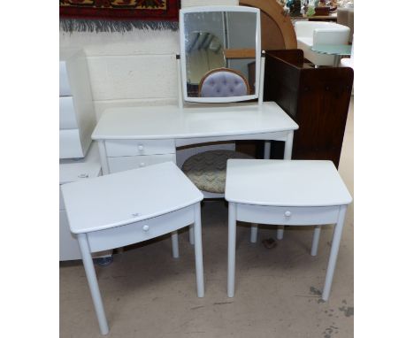 A modern 3 piece bedroom suite in beech frame white lacquered finish, comprising dressing table, stool, and a pair of bedside