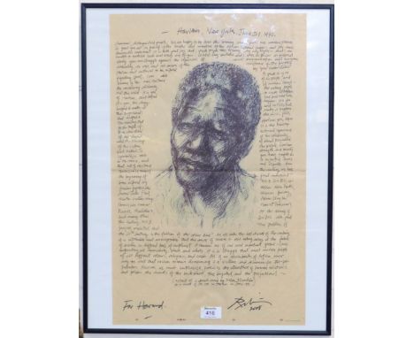 Harold Riley:  colour portrait of Nelson Mandela with extract from Harlem Speech, June 1990, this example signed with dedicat