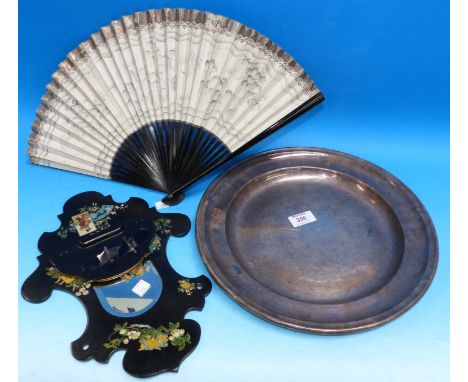 A Japanese fan; a lacquer work shelf; a large continental EPNS salver