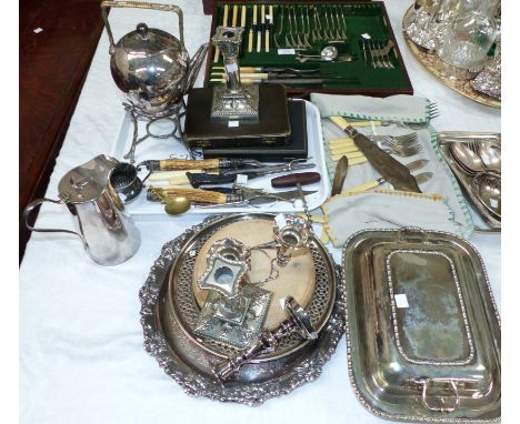 A spirit kettle; an entree dish; silver plate and cutlery