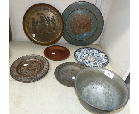 An Indo-Persian lined metal bowl with genre scenes, 7¾"; an enamel dish; a Benares enamel dish; etc.