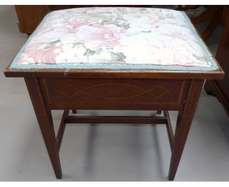 A Sheraton style inlaid mahogany piano stool with music drawer