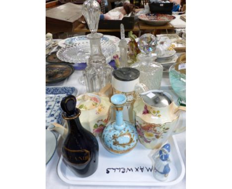 A 19th century Bristol blue decanter lettered in gilt "Hollands"; other china and glass