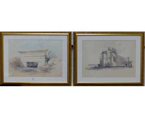 After David Roberts R A: pair of coloured stippled engravings, Ancient Egyptian scenes, framed and glazed 14"x20"