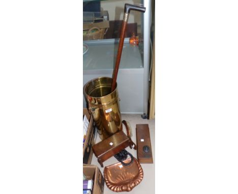 A reproduction brass stick stand; a 19th century horn handle stick; 2 oak boxes; a copper crumb tray and brush; a cast iron d