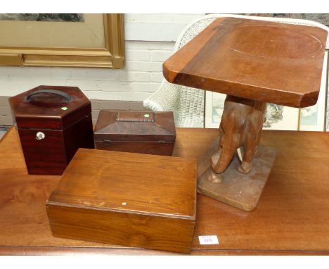 A 19th century rosewood hexagonal concertina box; a rosewood tea caddy; a walnut jewellery box; an elephant stool