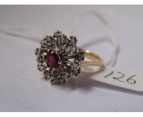 18ct gold ruby & diamond cluster ring  approx size 'O'  5g inc       