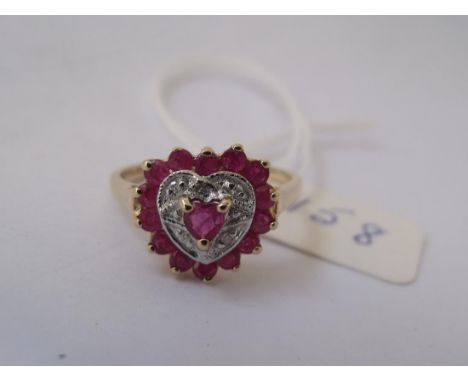 14ct gold ruby and diamond heart shaped   cluster ring 3.3g  size O      