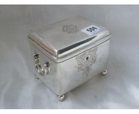 Good quality Austro-Hungarian tea caddy rectangular with two   hinged handles. Raised on balled feet. 7in over handles. 470g 