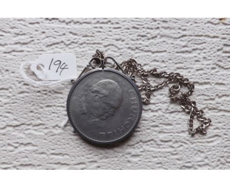 A silver Churchill coin in silver mount   on silver chain        